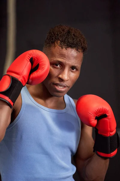 Self-confident black boxer in a defensive stance with gloves, ready to face any opponent on the Rhine.