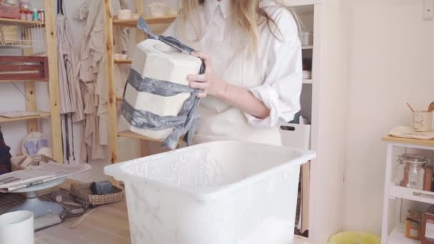 Artesã Derramando Argila Molde Para Criar Uma Peça Cerâmica — Vídeo de Stock