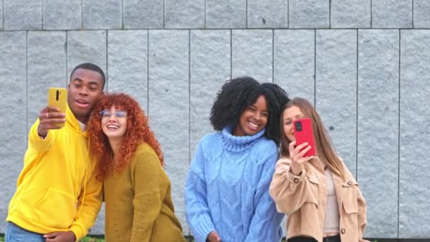 明るい日の光の中でセルフィーのために微笑む多民族の若者 友情と多様性を示す — ストック動画