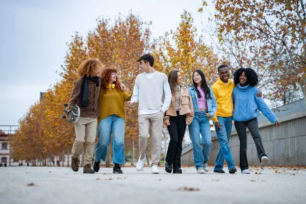 Happy, diverse friends walking together, surrounded by the golden hues of fall leaves, exuding warmth and unity.