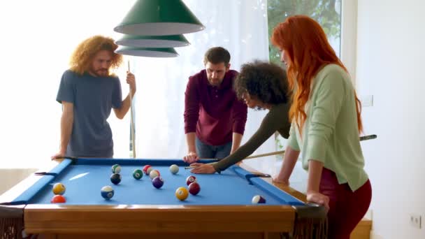 Two Couples Enjoy Competitive Game Pool One Woman Happily Lining — Stock Video