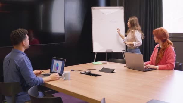 직원은 노트북과 차트가있는 회의실에서 화이트 보드를 사용하여 세심한 동료에게 증가를 — 비디오