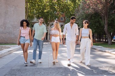 Çeşitli bir grup genç arkadaş, ağaçlar ve şehir manzarasıyla çevrili güneşli bir günün tadını çıkararak, bir şehir parkında gelişigüzel geziniyor.. 