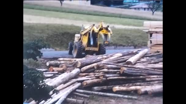 Munich Germany March 1970 Bulldozer Moving Lumber Industry 70S — Stock Video