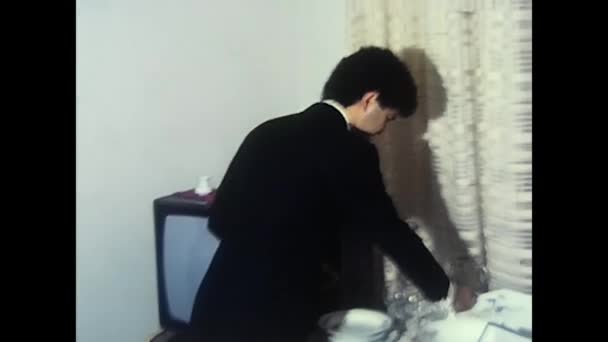 Palermo Italy December 1980 Groom Looking Gifts Table His Wedding — Stock video