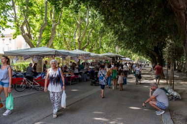 Terni, İtalya 19 Temmuz 2023: Mobil tezgahları ve alışveriş yapan insanlarla parkta haftalık fuar