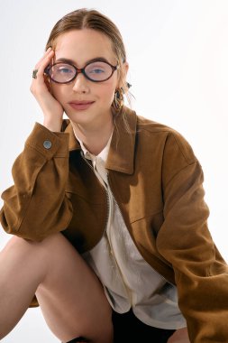 Kendine güvenen genç bir kadın modaya uygun tarzını ve eşsiz çekiciliğini şık bir kıyafetle sergiliyor..