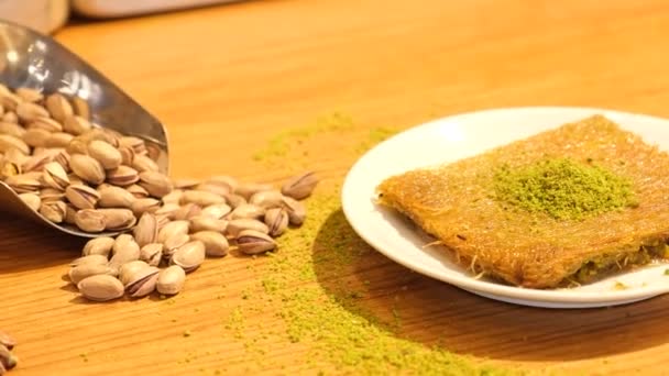Traditional Turkish Dessert Baklava Cashew Walnuts Homemade Baklava Nuts Honey — Stock Video