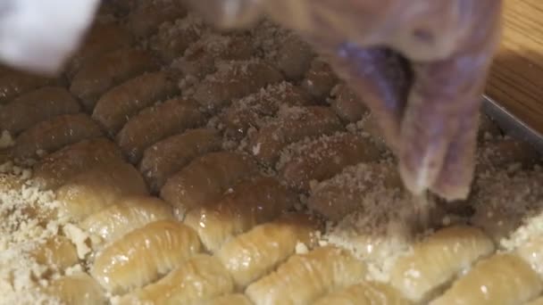 Baklava Tradicional Postre Turco Con Anacardo Nueces Baklava Casera Con — Vídeos de Stock