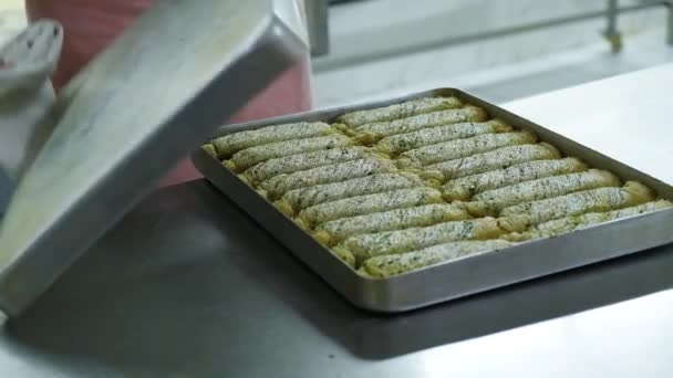Traditionele Turkse Dessert Baklava Met Cashew Walnoten Zelfgemaakte Baklava Met — Stockvideo
