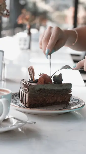 stock image Board with delicious cake on table