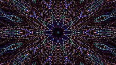 Canlandırılmış 3D soyut. Eğri çizgiler ve renkli ışık noktaları siyah arkaplan, pürüzsüz daire