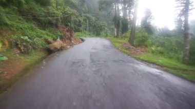 Dağların doğal manzarası ile dolambaçlı yol, yağmurdan sonra sisli bulutlu hava ile yeşil uzun ağaçlar