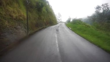 Dağların doğal manzarası ile dolambaçlı yol, yağmurdan sonra sisli bulutlu hava ile yeşil uzun ağaçlar