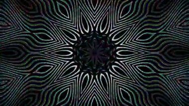 Canlandırılmış 3D soyut. Eğri çizgiler ve renkli ışık noktaları siyah arkaplan, pürüzsüz daire