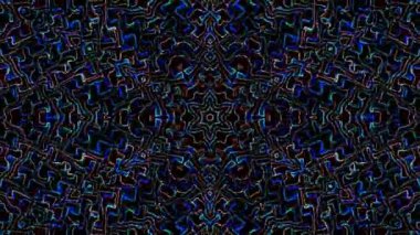 Canlandırılmış 3D soyut. Eğri çizgiler ve renkli ışık noktaları siyah arkaplan, pürüzsüz daire