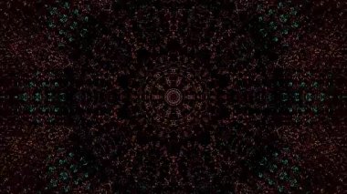 Canlandırılmış 3D soyut. Eğri çizgiler ve renkli ışık noktaları siyah arkaplan, pürüzsüz daire