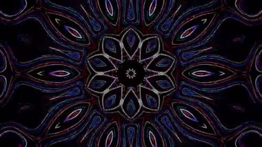 Canlandırılmış 3D soyut. Eğri çizgiler ve renkli ışık noktaları siyah arkaplan, pürüzsüz daire