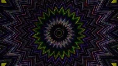 Canlandırılmış 3D soyut. Eğri çizgiler ve renkli ışık noktaları siyah arkaplan, pürüzsüz daire