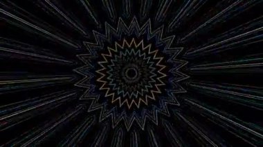 Canlandırılmış 3D soyut. Eğri çizgiler ve renkli ışık noktaları siyah arkaplan, pürüzsüz daire