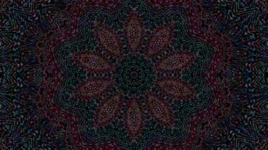 Canlandırılmış 3D soyut. Eğri çizgiler ve renkli ışık noktaları siyah arkaplan, pürüzsüz daire