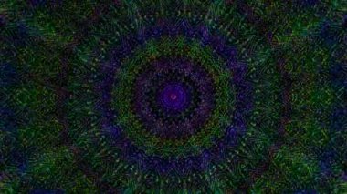 Canlandırılmış 3D soyut. Eğri çizgiler ve renkli ışık noktaları siyah arkaplan, pürüzsüz daire