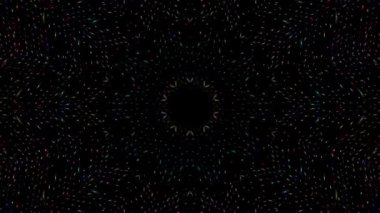 Canlandırılmış 3D soyut. Eğri çizgiler ve renkli ışık noktaları siyah arkaplan, pürüzsüz daire