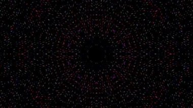 Canlandırılmış 3D soyut. Eğri çizgiler ve renkli ışık noktaları siyah arkaplan, pürüzsüz daire