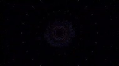 Canlandırılmış 3D soyut. Eğri çizgiler ve renkli ışık noktaları siyah arkaplan, pürüzsüz daire