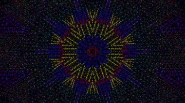 Canlandırılmış 3D soyut. Eğri çizgiler ve renkli ışık noktaları siyah arkaplan, pürüzsüz daire