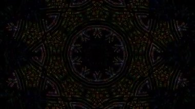 Canlandırılmış 3D soyut. Eğri çizgiler ve renkli ışık noktaları siyah arkaplan, pürüzsüz daire