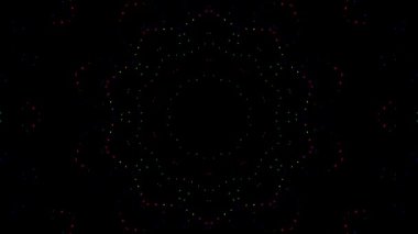 Canlandırılmış 3D soyut. Eğri çizgiler ve renkli ışık noktaları siyah arkaplan, pürüzsüz daire