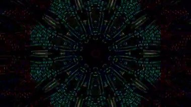 Canlandırılmış 3D soyut. Eğri çizgiler ve renkli ışık noktaları siyah arkaplan, pürüzsüz daire