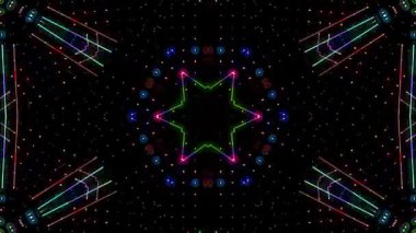 Canlandırılmış 3D soyut. Eğri çizgiler ve renkli ışık noktaları siyah arkaplan, pürüzsüz daire