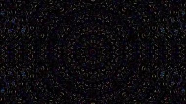 Canlandırılmış 3D soyut. Eğri çizgiler ve renkli ışık noktaları siyah arkaplan, pürüzsüz daire