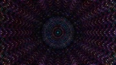 Canlandırılmış 3D soyut. Eğri çizgiler ve renkli ışık noktaları siyah arkaplan, pürüzsüz daire