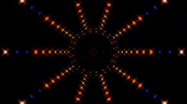 Canlandırılmış 3D soyut. Eğri çizgiler ve renkli ışık noktaları siyah arkaplan, pürüzsüz daire