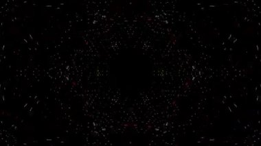 Canlandırılmış 3D soyut. Eğri çizgiler ve renkli ışık noktaları siyah arkaplan, pürüzsüz daire