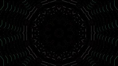 Canlandırılmış 3D soyut. Eğri çizgiler ve renkli ışık noktaları siyah arkaplan, pürüzsüz daire