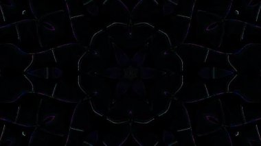 Canlandırılmış 3D soyut. Eğri çizgiler ve renkli ışık noktaları siyah arkaplan, pürüzsüz daire