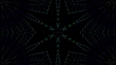 Canlandırılmış 3D soyut. Eğri çizgiler ve renkli ışık noktaları siyah arkaplan, pürüzsüz daire