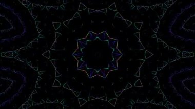 Canlandırılmış 3D soyut. Eğri çizgiler ve renkli ışık noktaları siyah arkaplan, pürüzsüz daire