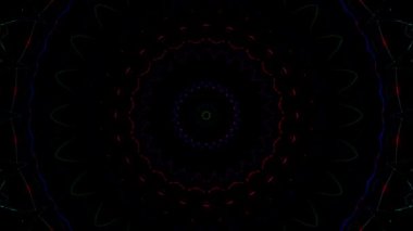 Canlandırılmış 3D soyut. Eğri çizgiler ve renkli ışık noktaları siyah arkaplan, pürüzsüz daire