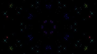 Canlandırılmış 3D soyut. Eğri çizgiler ve renkli ışık noktaları siyah arkaplan, pürüzsüz daire