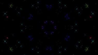 Canlandırılmış 3D soyut. Eğri çizgiler ve renkli ışık noktaları siyah arkaplan, pürüzsüz daire