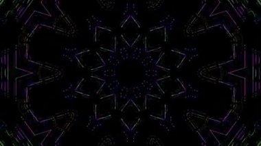 Canlandırılmış 3D soyut. Eğri çizgiler ve renkli ışık noktaları siyah arkaplan, pürüzsüz daire