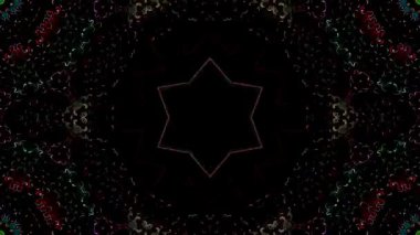 Canlandırılmış 3D soyut. Eğri çizgiler ve renkli ışık noktaları siyah arkaplan, pürüzsüz daire