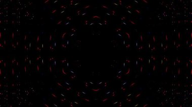 Canlandırılmış 3D soyut. Eğri çizgiler ve renkli ışık noktaları siyah arkaplan, pürüzsüz daire