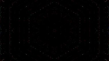 Canlandırılmış 3D soyut. Eğri çizgiler ve renkli ışık noktaları siyah arkaplan, pürüzsüz daire