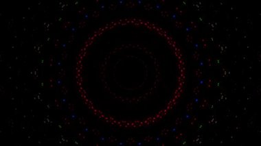 Canlandırılmış 3D soyut. Eğri çizgiler ve renkli ışık noktaları siyah arkaplan, pürüzsüz daire